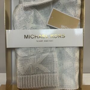 Michael Kors White and Gray Knit Scarf and Hat